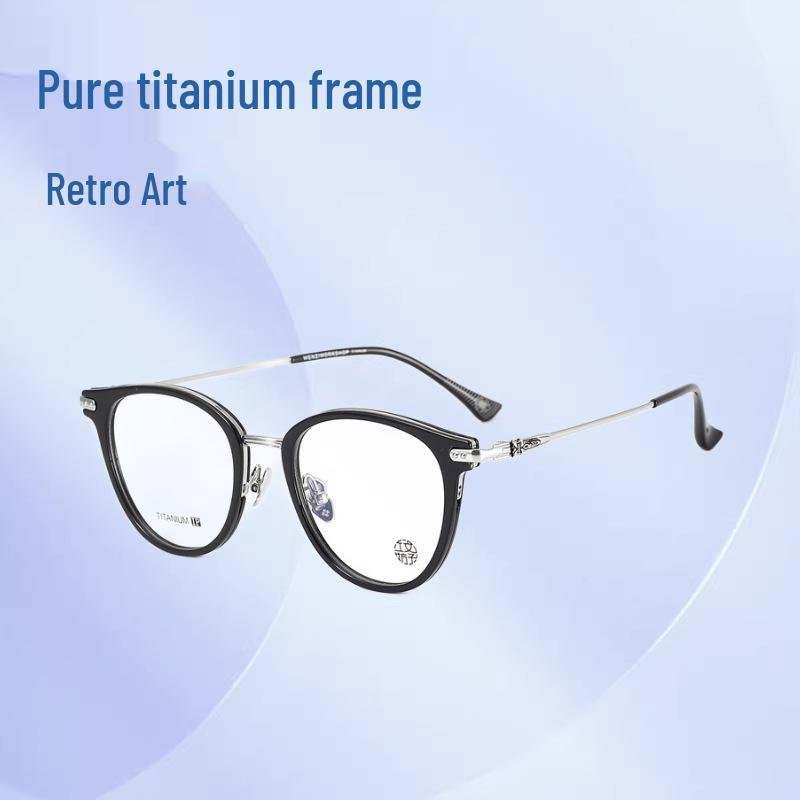 Pure Titanium Unisex Retro Round Glasses Frame with Blue Light Blocking Myopia Lenses for Women and Men