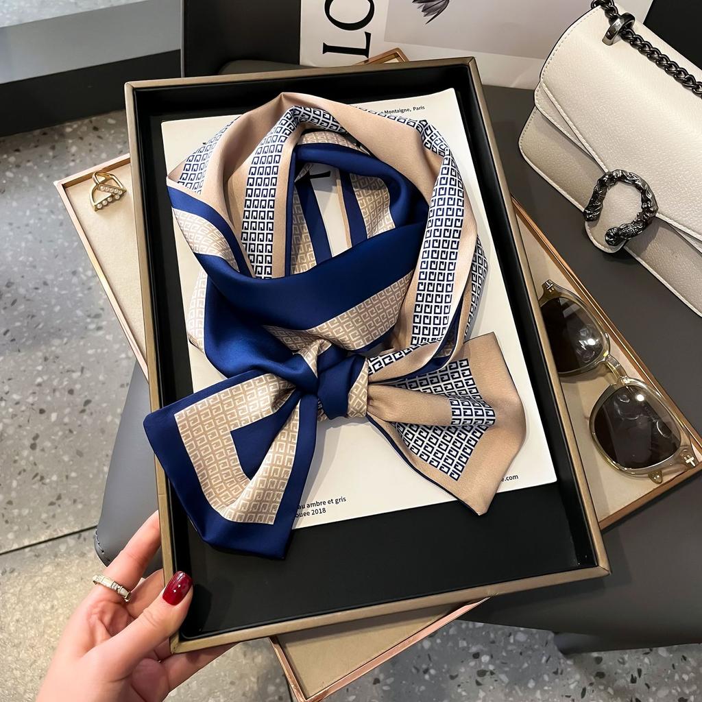 Fresh Polka Dot Print Silk Scarf Women'S Chiffon Satin Double Layer Neck Scarf Bag Handle Bow Tie Hair Band Fashion Accessory