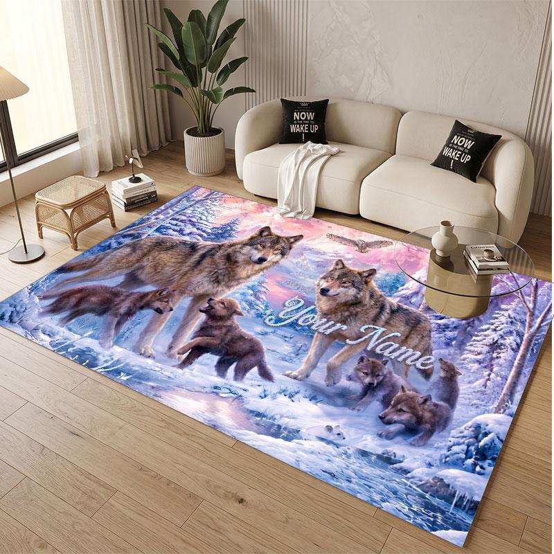 Wolf Theme Soft Crystal Velvet Rug Custom Name & Text Print Non Slip Floor Rug for Bedroom Living Room
