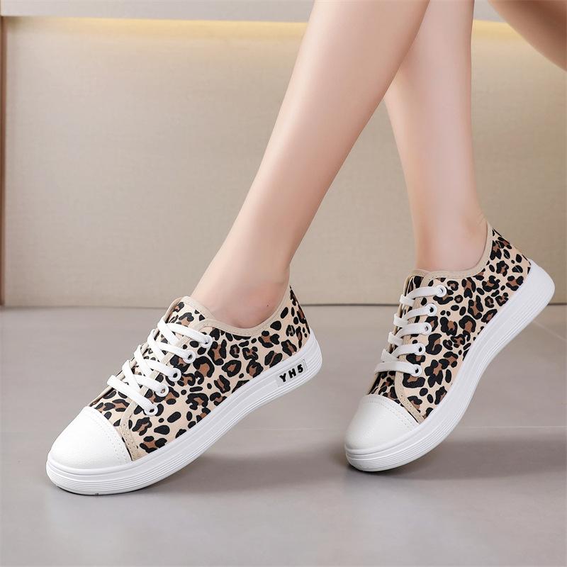 Large Size Leopard Print Canvas Shoes Women's Spring Thin Casual Flat Cloth Shoes Lace-up Single Shoes