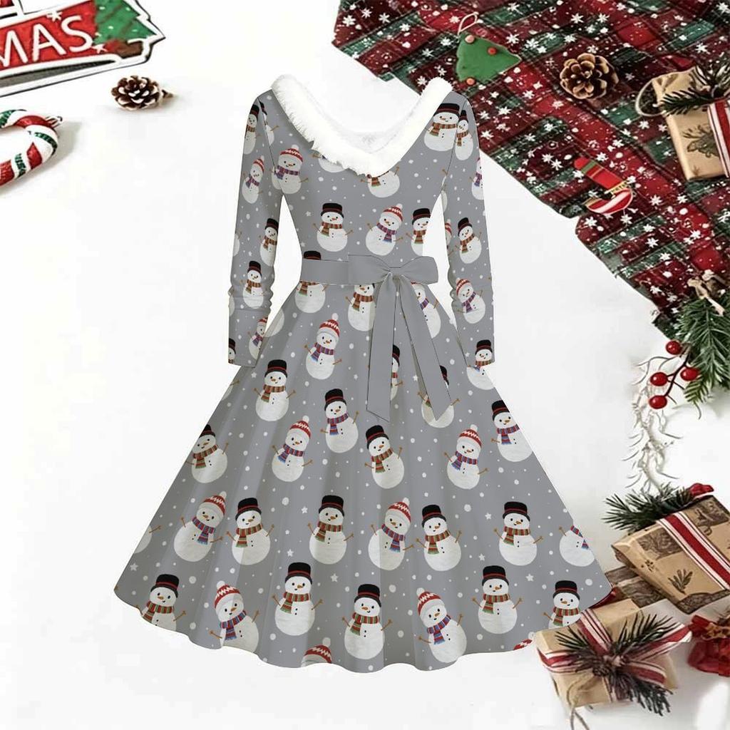 Women Christmas Print Midi Dress, Long Sleeve V‑Neck Furry Trim A‑Line Party Dress, Christmas Limited Edition