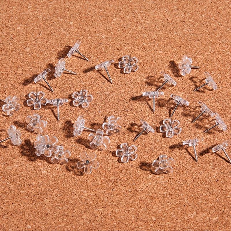 100Pcs Clear Flower Head Push Pins for Display Picture Note Memos Poster Cork Notice Board Pins Decorative Thumb Tacks