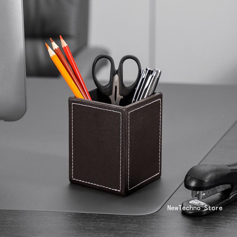 Portapenne in Pelle Creativo Cancelleria Studente Ufficio Semplice Astuccio Quadrato Organizer da Scrivania Nero Business