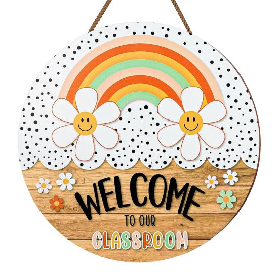 huaqianguhh Wooden Welcome Sign for Classroom Door, to Our Round Hanger, Front Door Hanging Sign, Back School Preschool Decoration