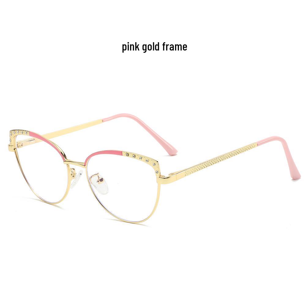 Color-Changing Anti-Blue Light Cat Eye Glasses with Rhinestones and Myopia-Compatible Flat Lenses