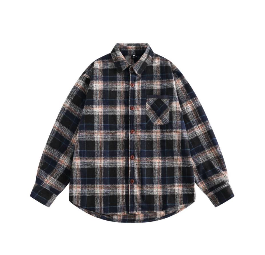 Unisex Japanese Retro Wool Plaid Long-Sleeve Shirt - Autumn/Winter College Style