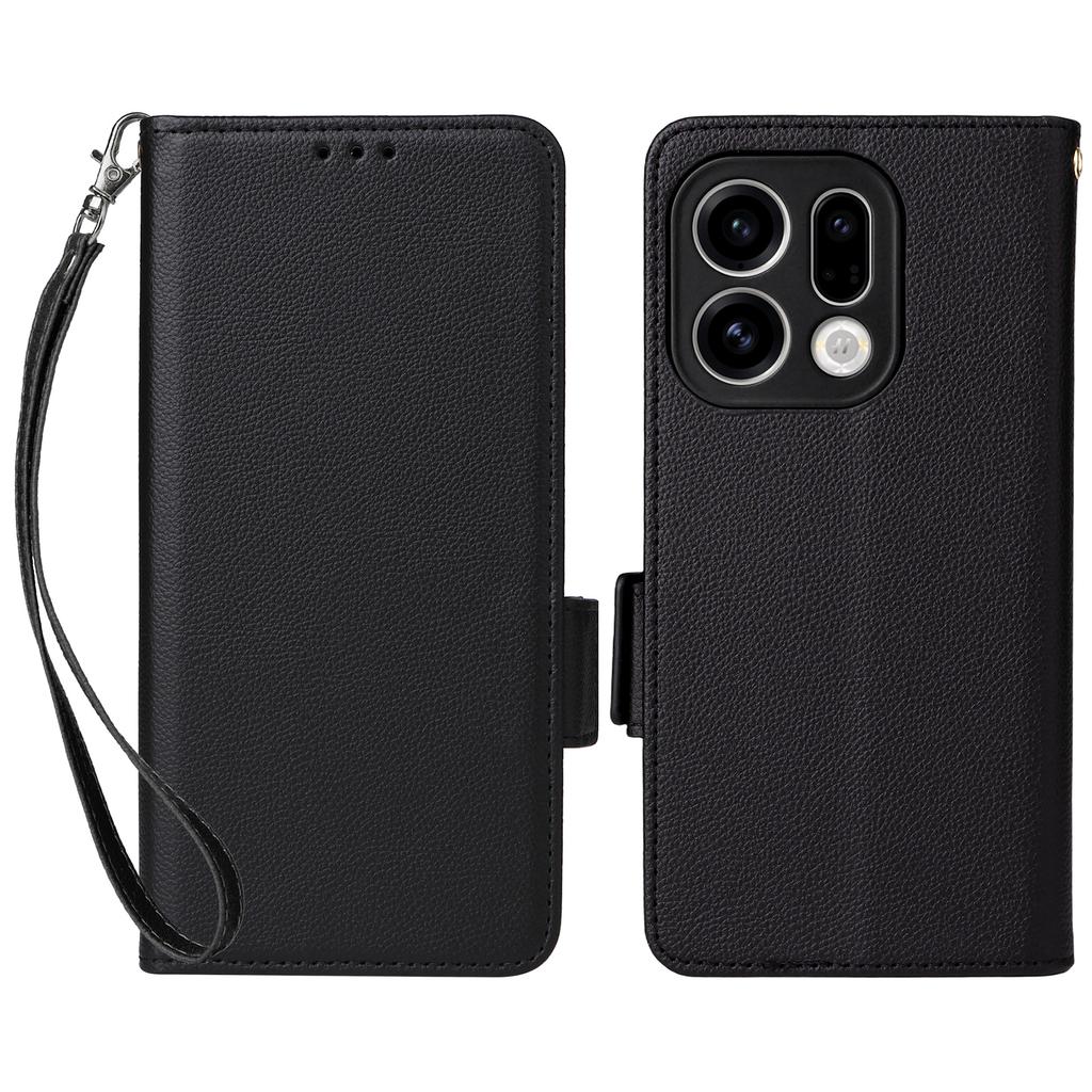 For Oppo Find X9 5G Case Litchi Texture Wallet Leather Phone Cover with Wrist Strap
