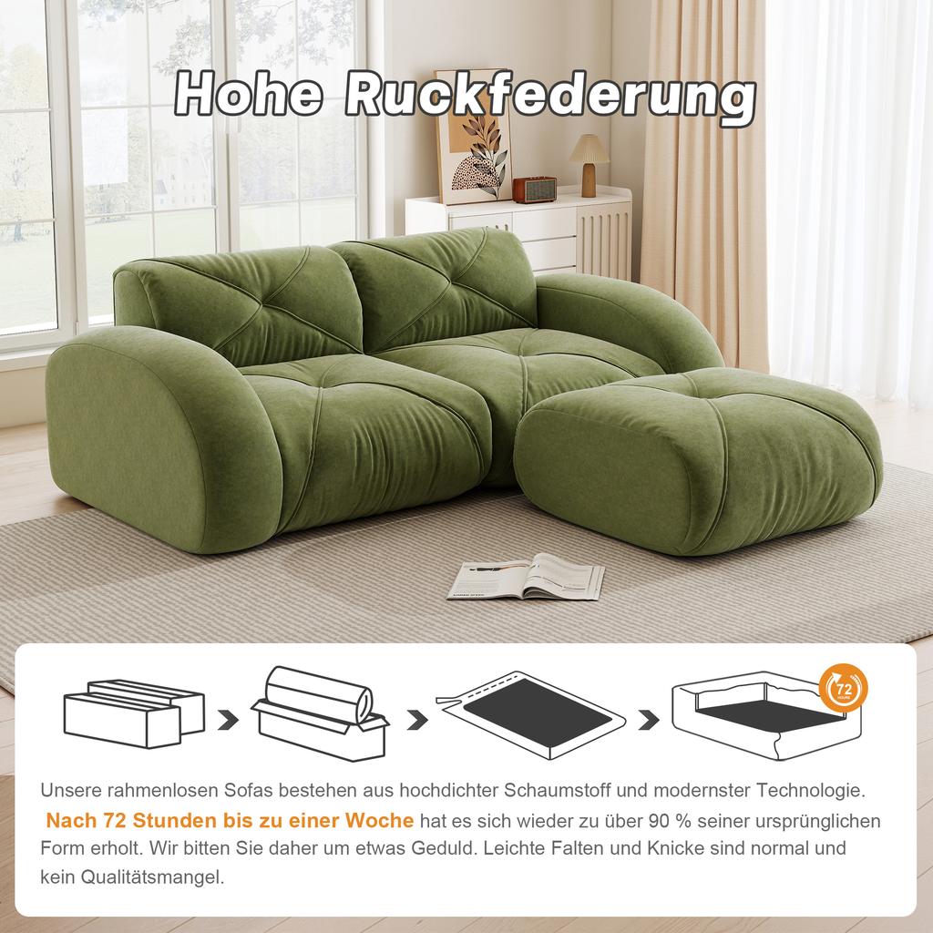 Modular sofa, 2-seater sofa with ottoman, high-density 32D foam, suitable for living room, pet-friendly chenille fabric, non-slip design, green