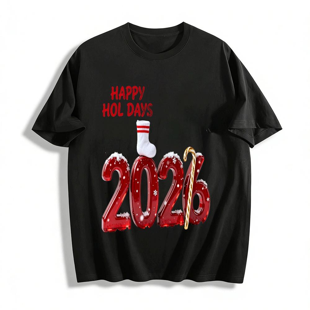 Happy Holidays 2026 Christmas Graphic Casual Long Sleeve Top Pure cotton T-shirt XXS