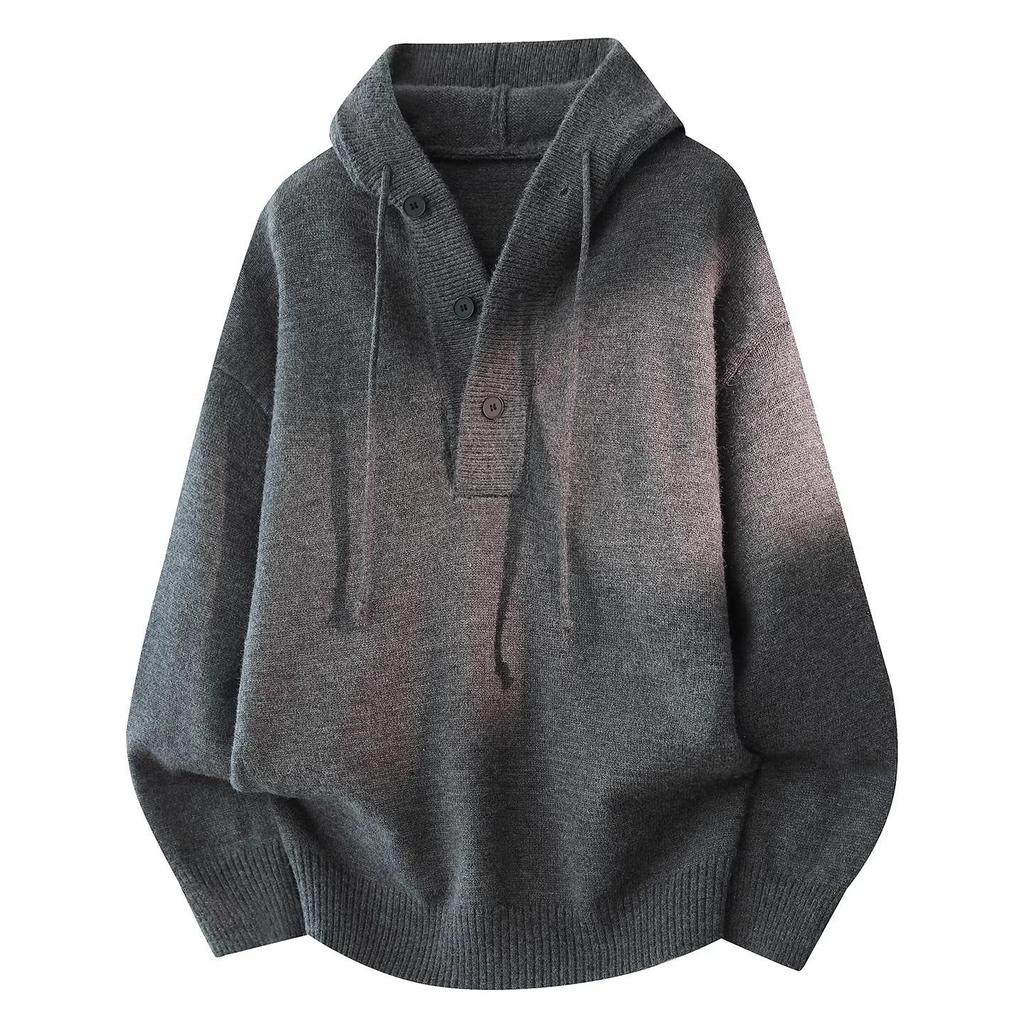Men's Heavyweight Solid Color Knit Hooded Sweater - Loose Fit Casual Pullover for Autumn/Winter