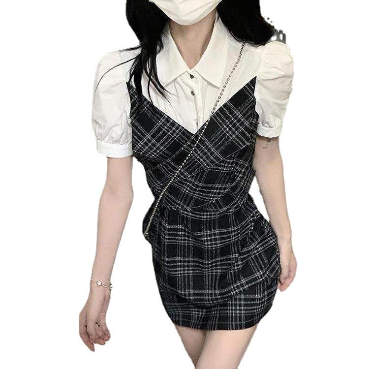 Dress women's summer new Korean version niche design sense advanced sense slim and thin fake two-piece skirt tide