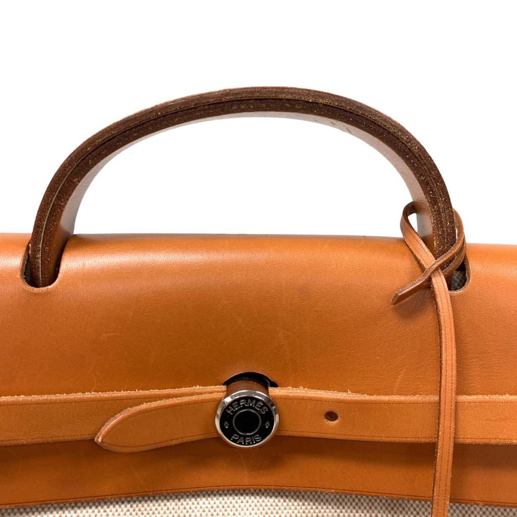 Used Hermes Herbag MM Tote Bag Canvas Beige Authentic 1186