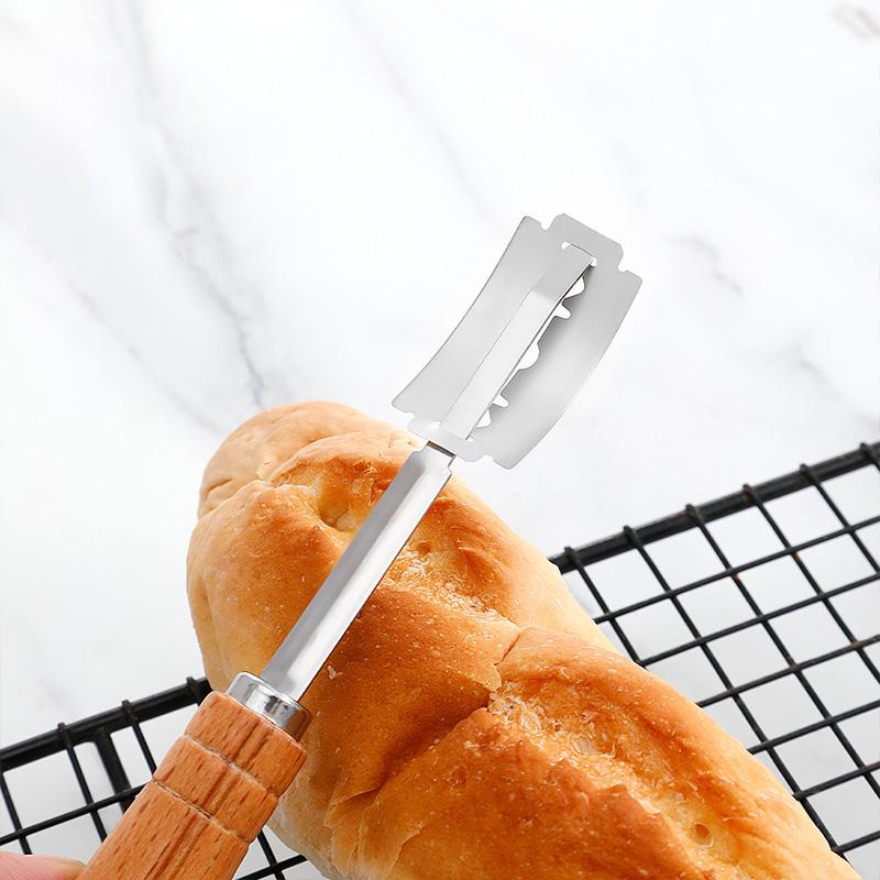 Wooden Handle Curved Bread Slicer Creative Stainless Steel Bread Shaping Knife Dough Dividing Knife
