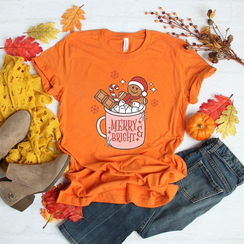 Gingerbread Retro Merry T Shirt Cute Xmas Tshirt Christmas Graphic T Shirts Merry Christmas Tee Womens Holiday Tops