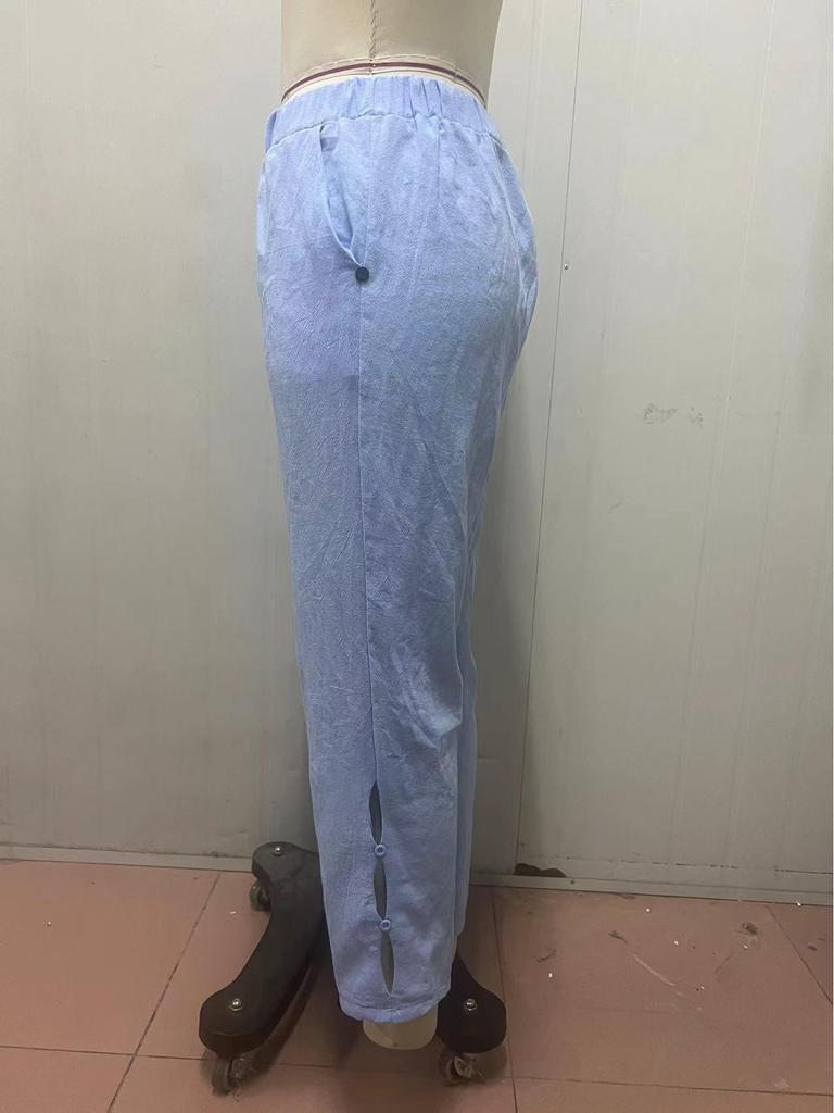 Women's Cotton-Linen Trousers: Solid Color, Casual, Side Pocket with Hollow Button Detail for Spring and Autumn