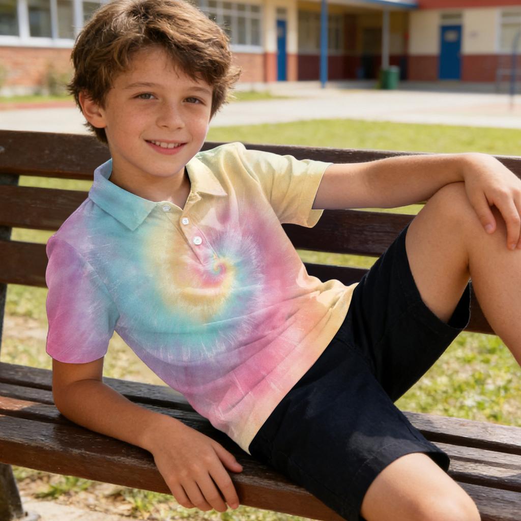Kids Polo Shirt Short Sleeve Tie Dye Pattern Quick Dry Collared Top Lightweight Breathable Fabric Summer Casual Tee for Boys Girls