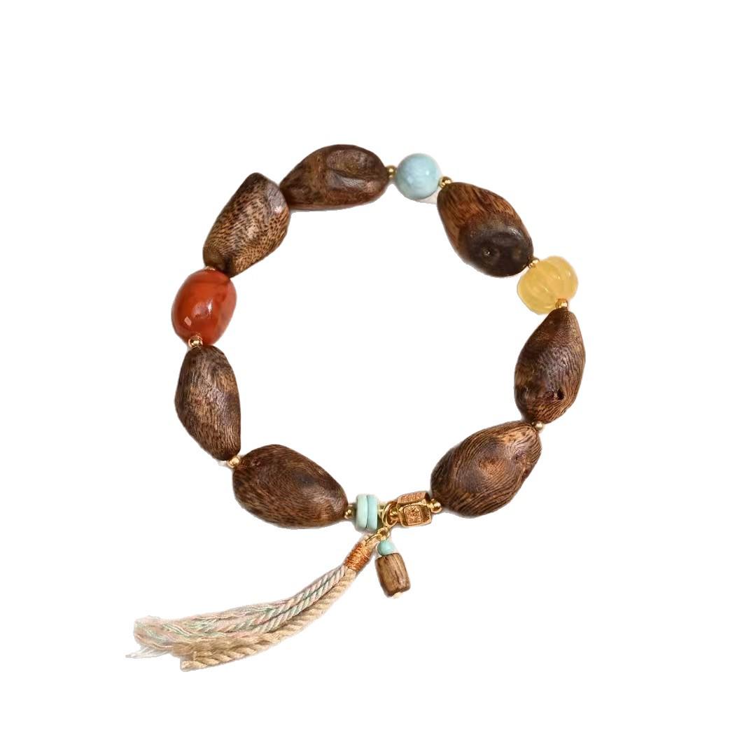 Hainan Green Qinan Agarwood & Nan Hong Agate Women s Bracelet: Natural Tree Knot Design Prayer Beads Jewelry.