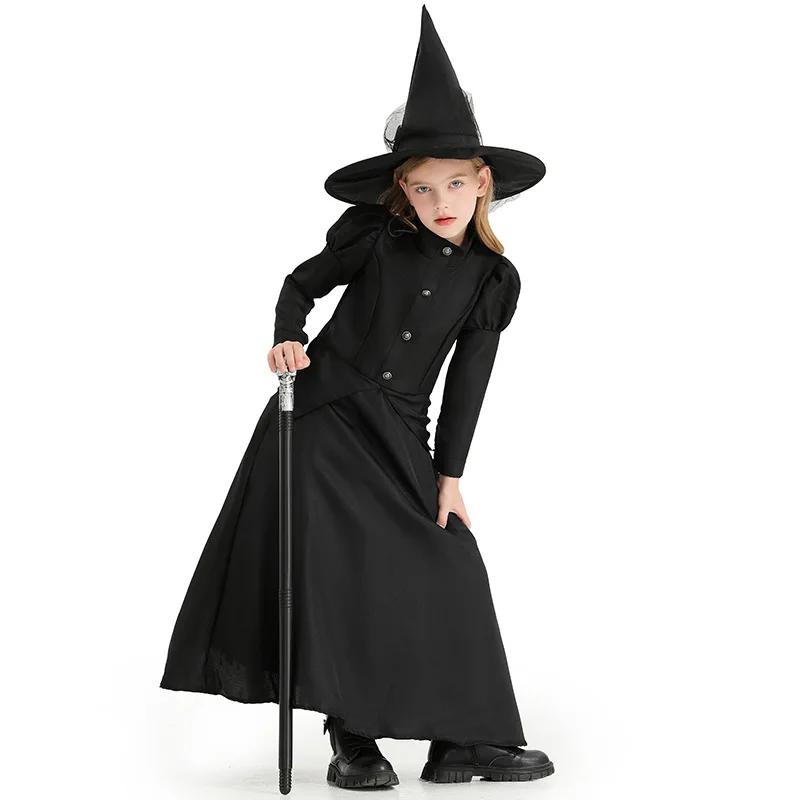 Halloween Wizard Cosplay Costume Kids Adult Halloween Women Deluxe Wicked Witch Costume Black Full Length Dress