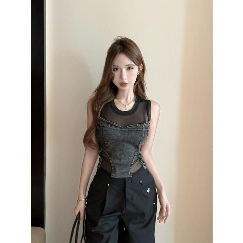 Plus Size Women's Sweet Cool Hot Girl Mesh Stitching Denim Vest Fashionable Chic Temperament Sleeveless Top