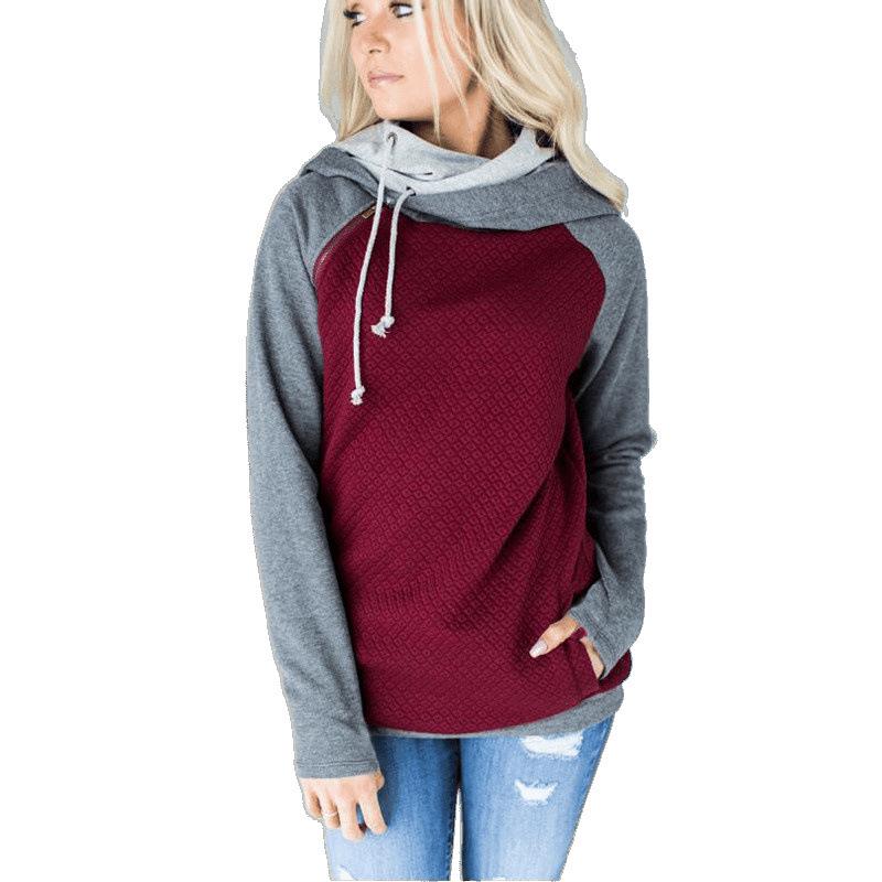 New 2020 Autumn/Winter Women's Patchwork Hooded Zipper Long Sleeve Hoodie, European American Style