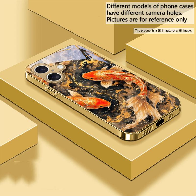 Lucky Orange Golden Koi For IPhone 17Pro Max 16 17 Pro oMax 15 Pro 14 13 Plus 12Mini 11ProMax XR 16E Air Golden Glass Phone Case