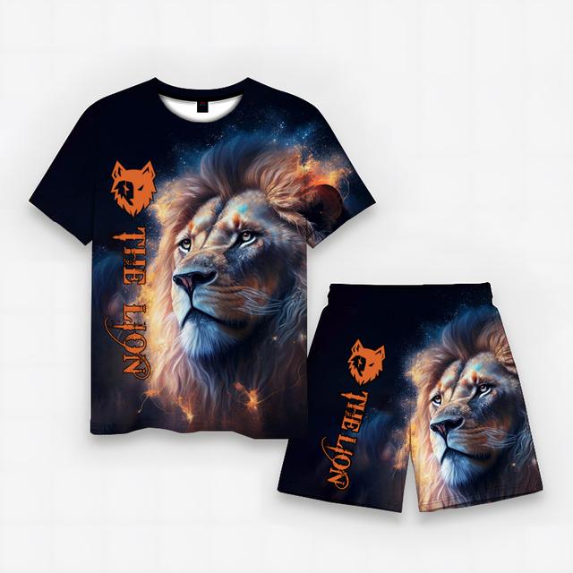 

Футболка с рисунком льва и животным, летняя футболка и шорты, простой свободный комплект с круглым вырезом и короткими рукавами с 3D принтом Asian size 4XL