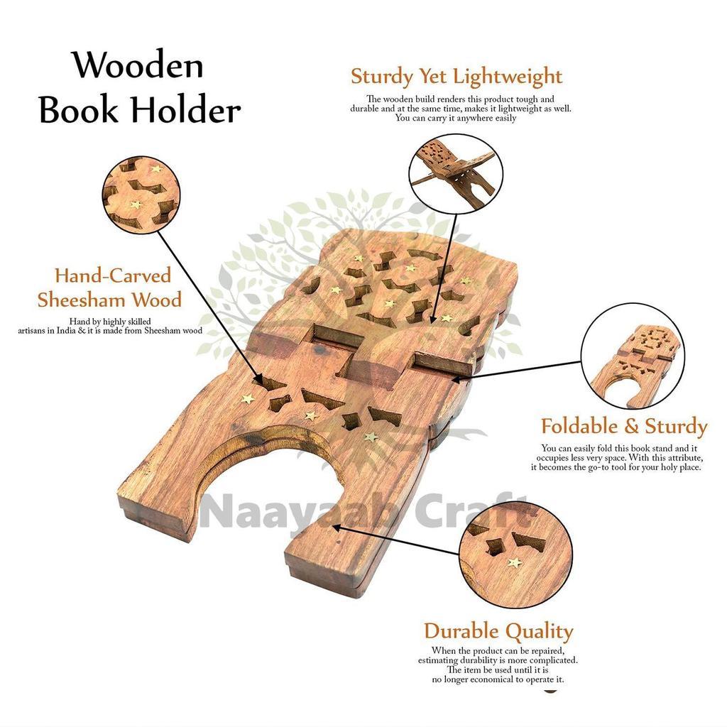 Handgefertigt & Handarbeit Sheesham Holz Buchhalter Aufsteller Klappbar Religiöses Gebet Freies Lesen Ständer mit Intrikaten Schnitzereien,