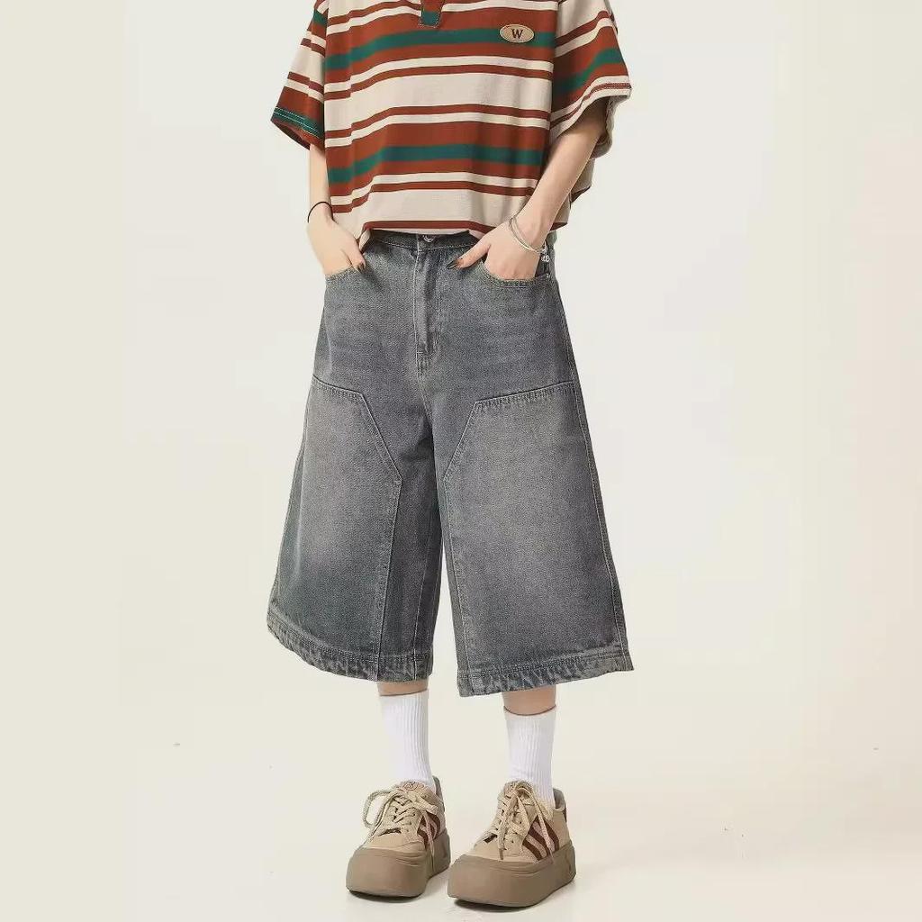 Unisex American Retro Washed Denim Shorts - Summer Street Style, Wide Leg, Distressed, Casual Trend.