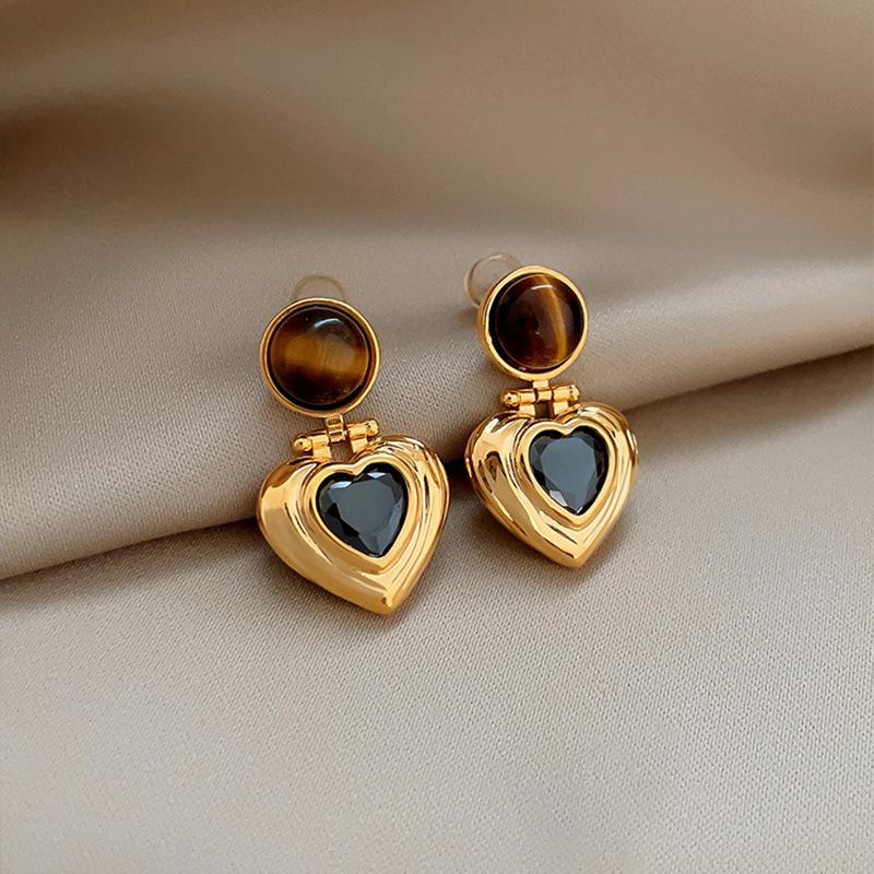 Geometric Tiger's Eye Stud Earrings, Retro Millard Style - Unique Design with Silver Needle 