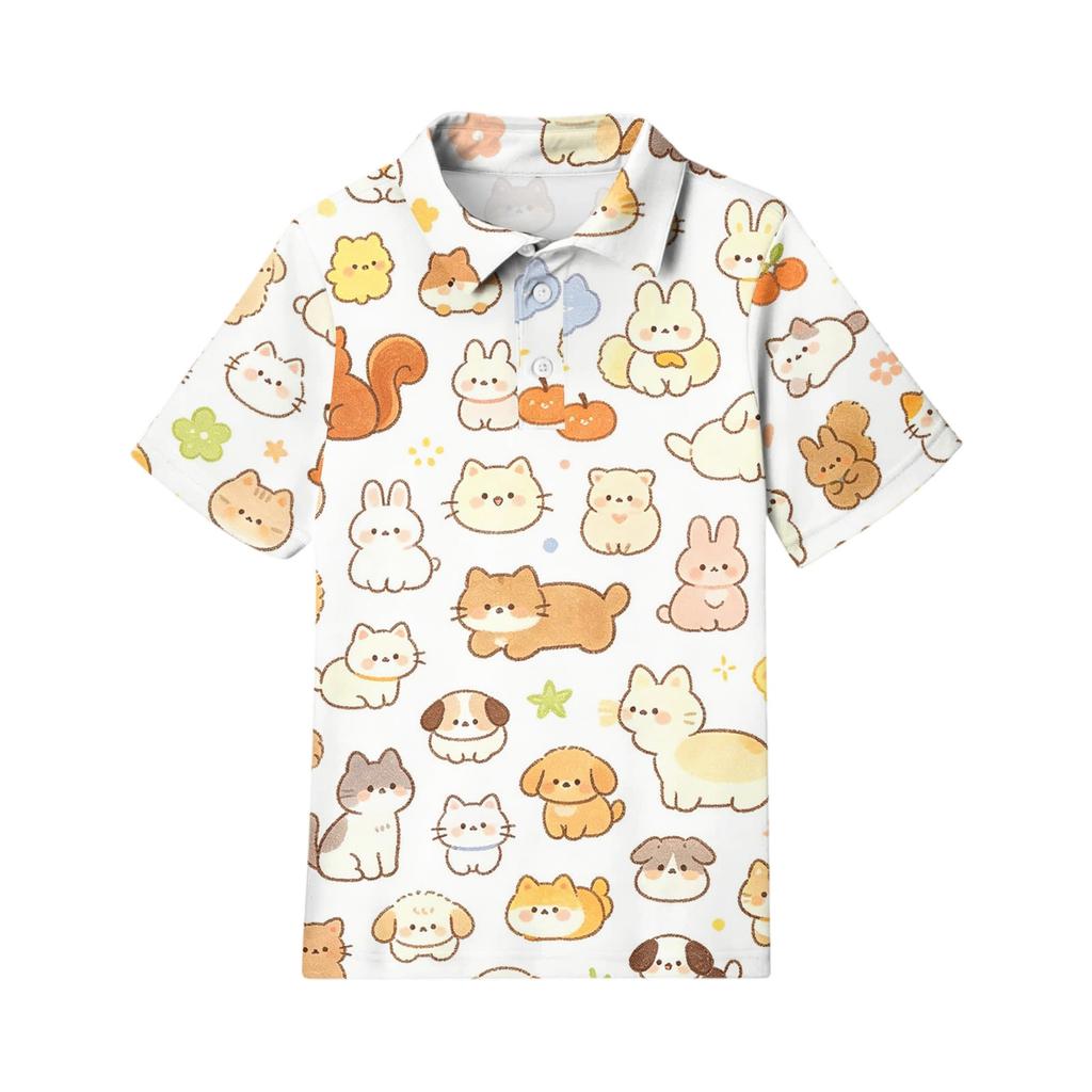 Kids Casual Short Sleeve Polo Shirt Animal Pattern Printed Lightweight Comfortable Breathable Tee Top for Everyday Wear