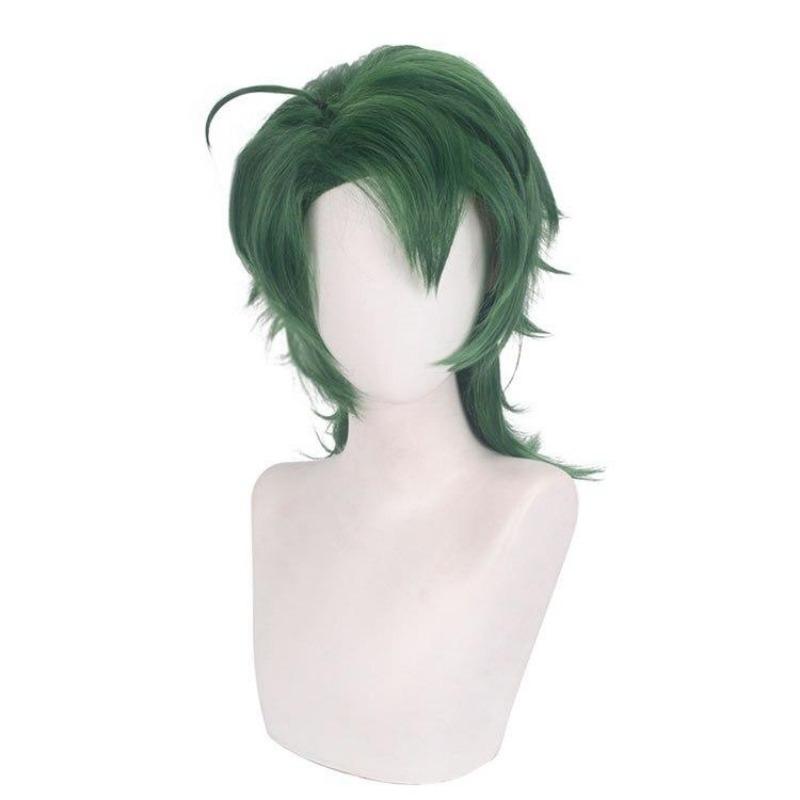 35CM SK Joe Cosplay Wig Green Short Straight Mullet Little Ponytail Heat Resistant Hair Role Play SK8 the Infinity SK Eight