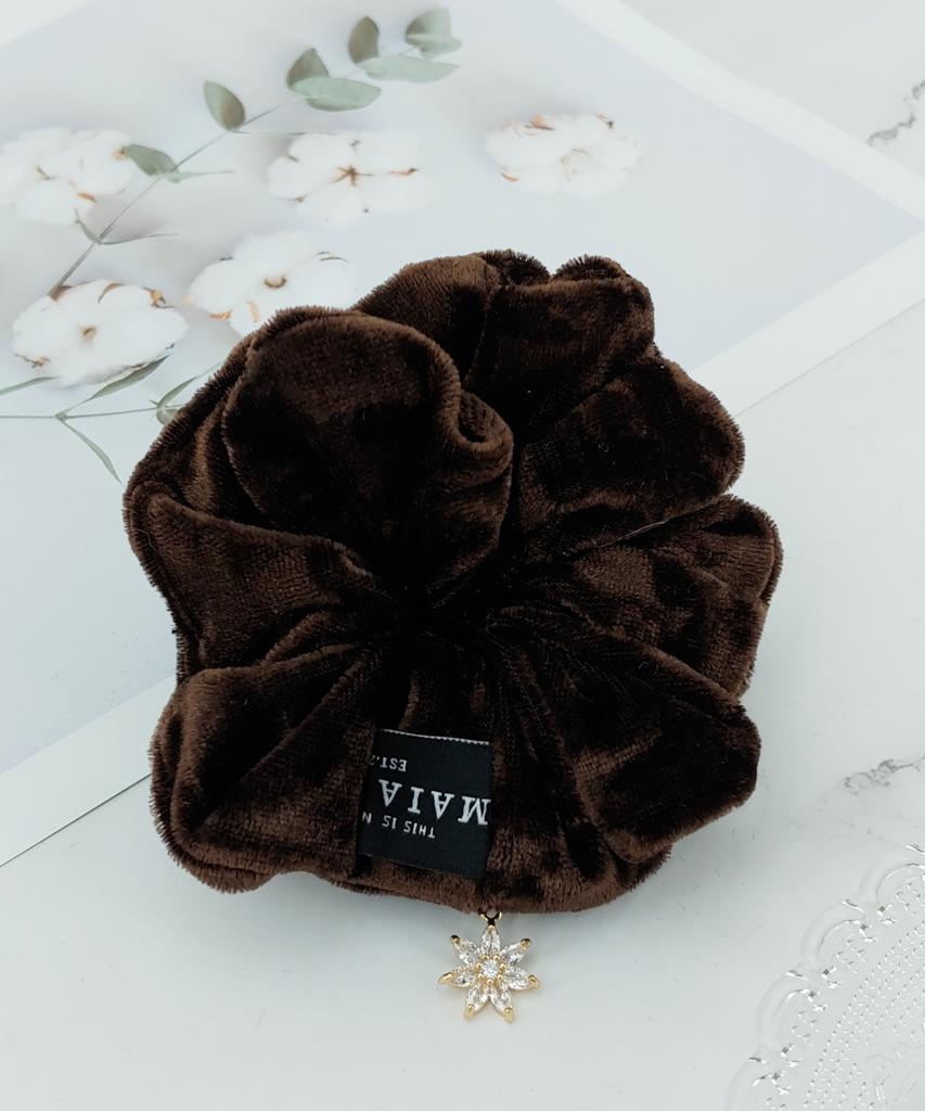 Maia Velvet Crystal Scrunchie Scrunchie Brown