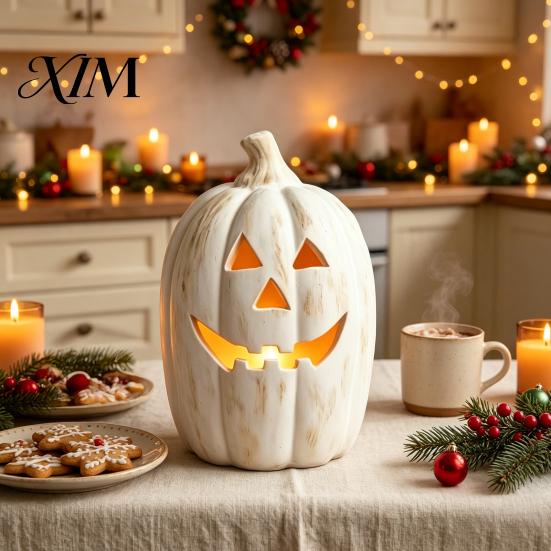 Spookachtig Seizoen Feestartikelen Halloween Pompoen Kaarsenhouder, Hars Lantaarn Theelichthouder met Feestelijke Tafeldecoraties Gesneden Gezicht voor Herfst