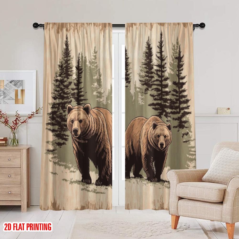 2pcs,2D Plane Printing Contemporary Curtains Forest Bears Duo 100% Polyester (without Rod) Gifts for Living Room, Bedroom, and