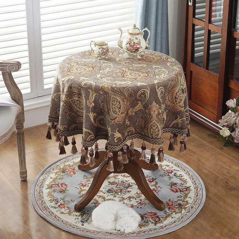 High-Grade Flower Round Tablecloth Living Room Dining Home Fabric Fresh Retro Luxury Tassels Dining Table Tablecloth American