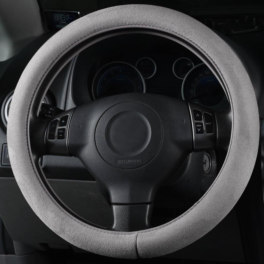 CAR PASS Car Steering Wheel Cover,14.5-15 Inch Gray Faux Suede Universal Memory Foam Auto Steering Wheel Covers Breathable Anti-Slip Odorless