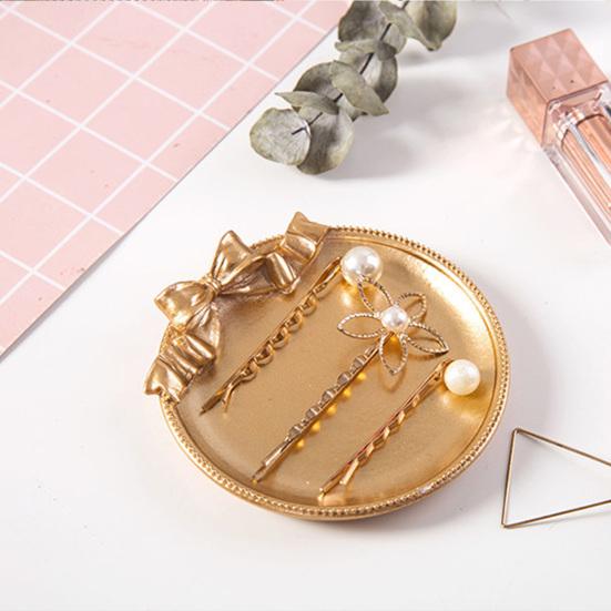 Decorative Bow Resin Jewelry Tray Matte Gold Ring Dish Trinket Holder Vintage Style Storage Organizer for Rings Earrings Necklaces Hairpins Gift