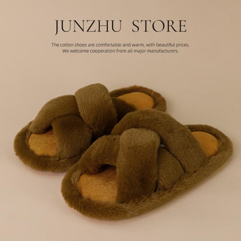 2025 Autumn/Winter Women's Furry Plush Cross Slippers — High-End Outdoor/Home Thick-Soled Large Size