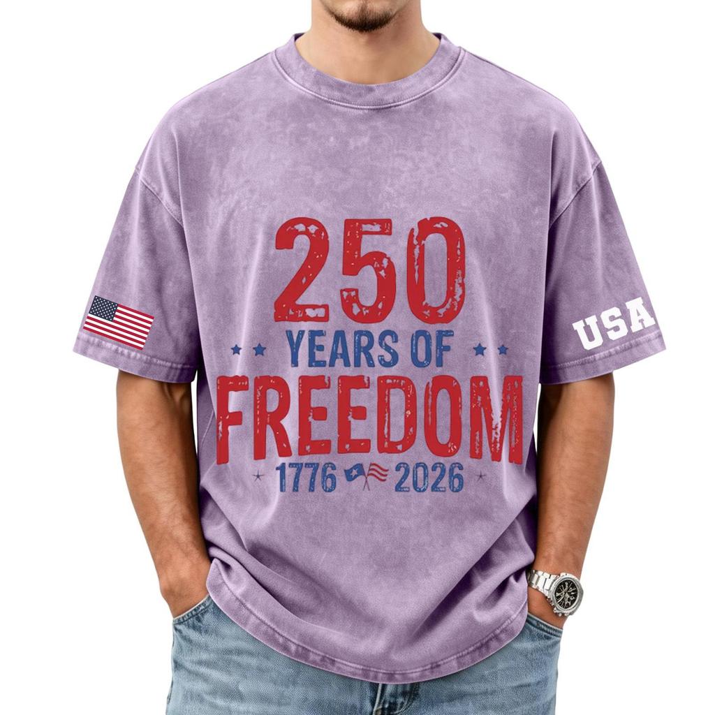 Men's loose and casual flag letter print T-shirt - Men's trendy washed short-sleeved top