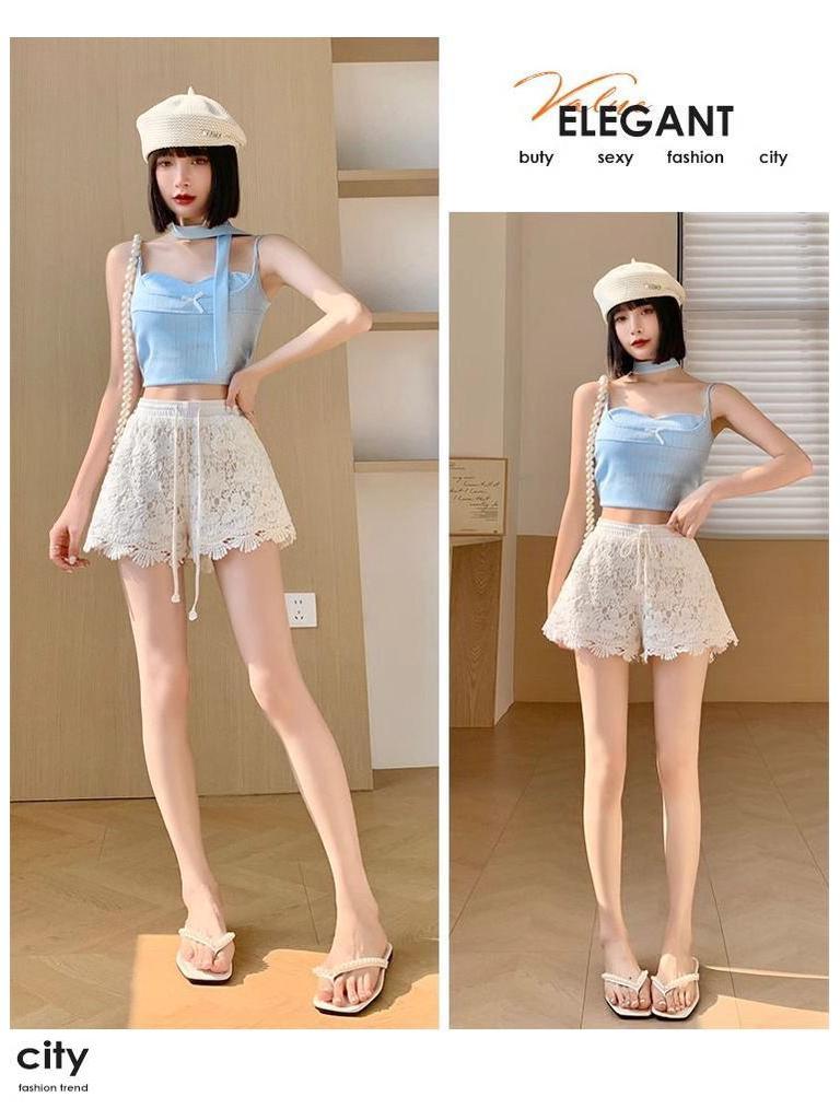 Women's Summer High-Waist Lace Sports Shorts - Casual, Loose, A-line, Wide-Leg, Three-Quarter Pants