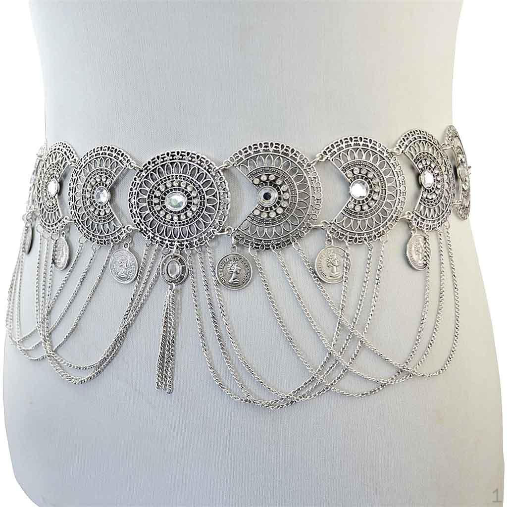 Women Rhines Coin Tassel Chain Weddiing Sash Waist Belt серебряный