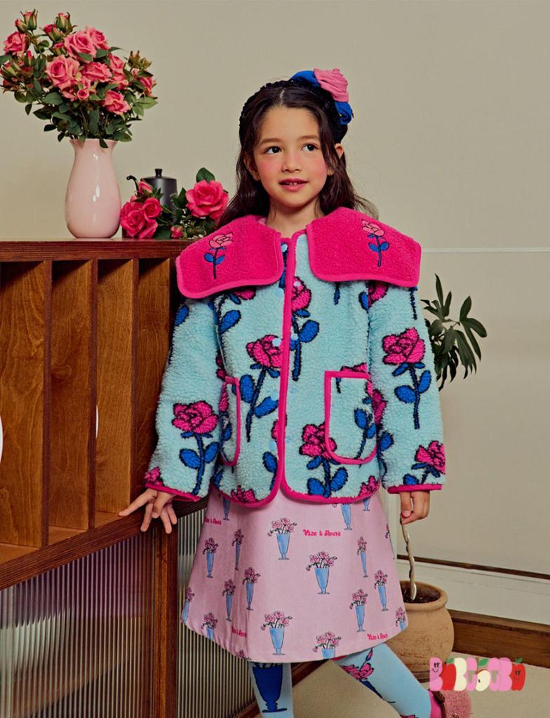 In Stock! BE23 Girls' Lamb Wool Reversible Set - Cozy Rose Flower Jacket for Autumn and Winter