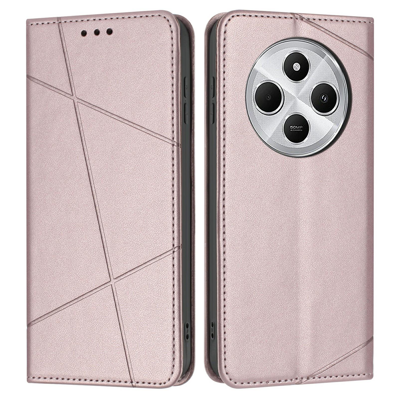 

Wallet Case for Xiaomi Poco C75 4G/Redmi 14R 5G/14C 4G Line Imprinted Leather Stand Phone Cover with Wrist Strap Rose Gold