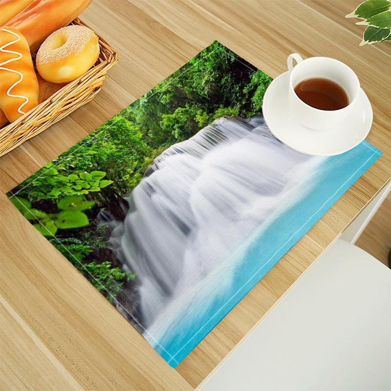Natural Waterfall Print Linen Dining Table Mats Alphabet Kitchen Placemat 30X45cm Coasters Pads Bowl Cup Mat