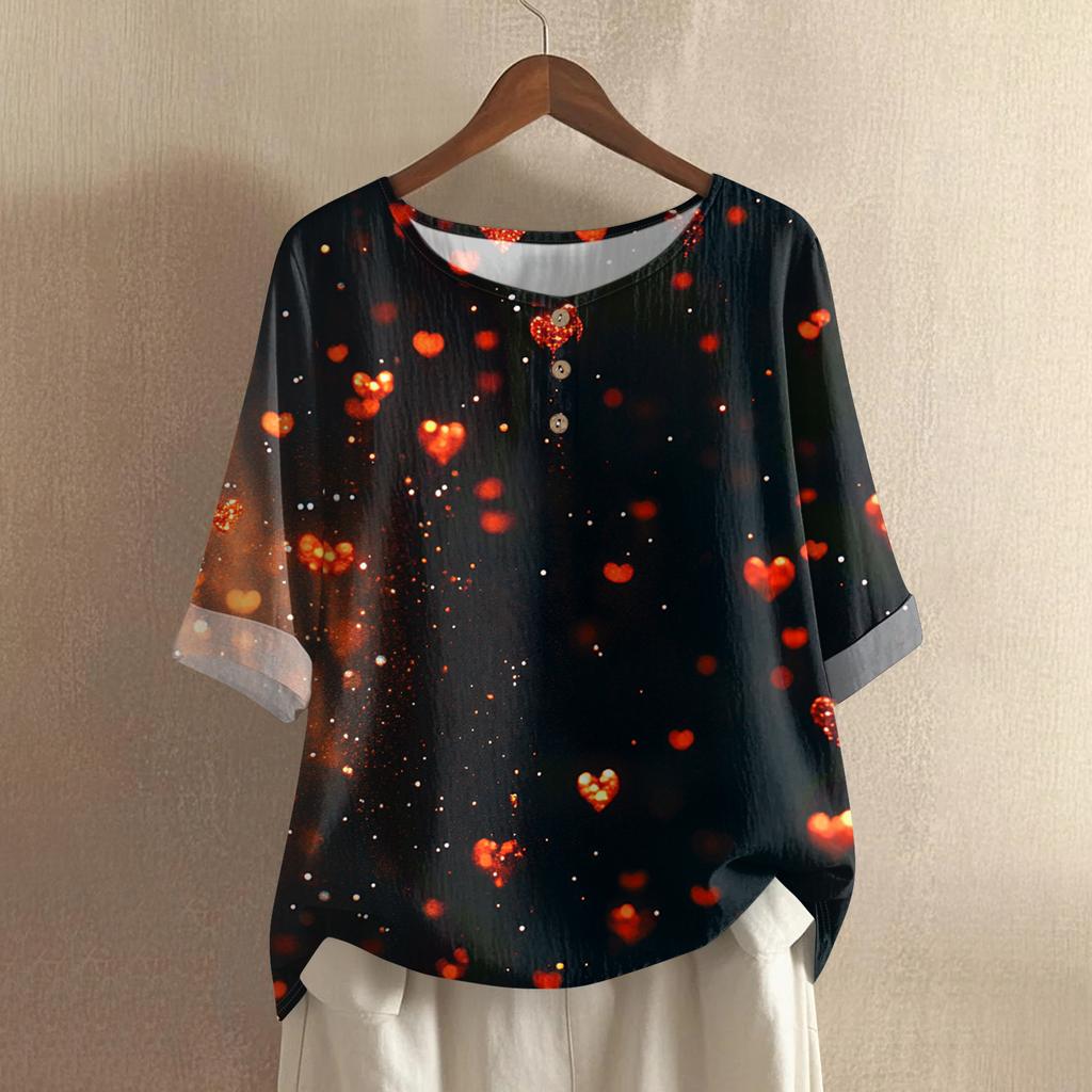 Damska casualowa i wygodna bawełniano-lniana bluzka z okrągłym dekoltem, średniej długości, z modnym nadrukiem