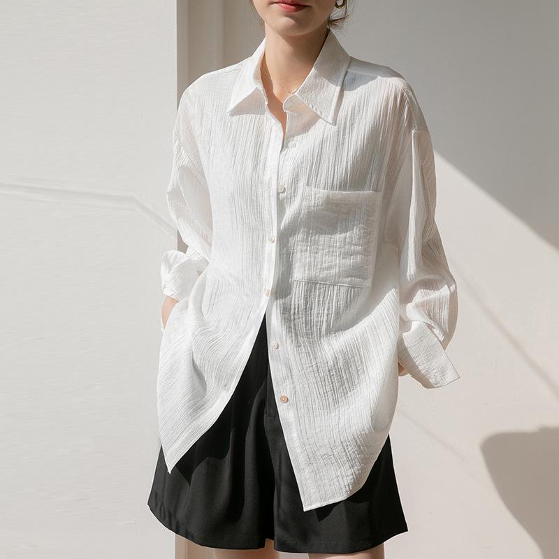 Women's 2025 Summer Tencel Sunscreen Shirt - Loose, Breathable, Solid Color with Slim Long Sleeves and Lapel Design