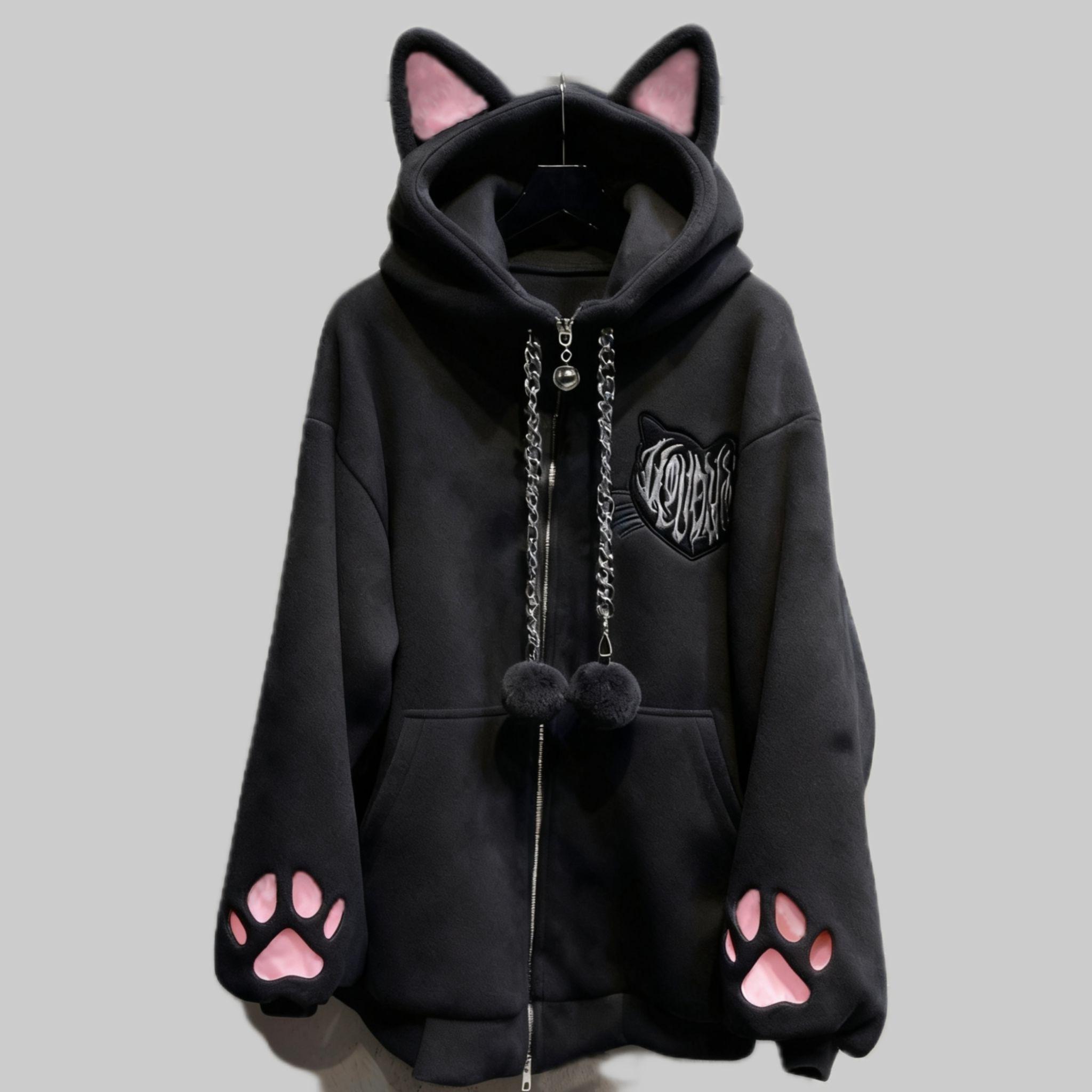 Velvet Cute Cat Ear Women Hoodie Cat Claw Long Sleeve Coat Black Cat Punk Rock Jackets XS