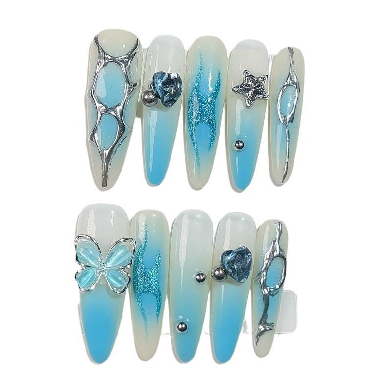 Long Oval Press-On Nails With Butterfly Star Moon Design Ice-Transparent Gel Look Sweet Fairy Style
