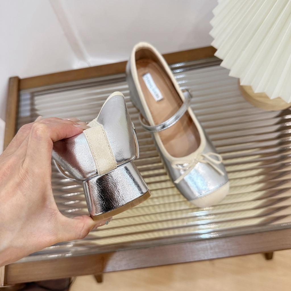 Color matching ballet shoes thick heel plus inner increase 7cm word with French light mouth silver single shoes evening elegant women's high heel