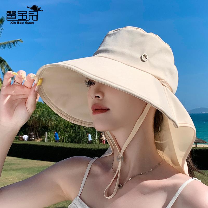 Vielseitiger Hut für Frühling und Sommer mit Zopfloch, Damen Outdoor-Sonnenschutz Visor-Hut mit breiter Krempe, Schal zum Nackenschutz, Fischerhut